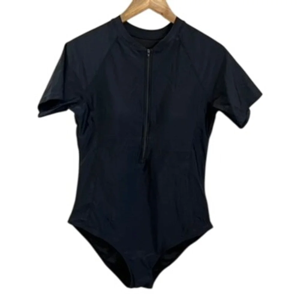 Yonique XXL Black Short Sleeve Zip Front Swimsuit‎ One Piece Rash Guard